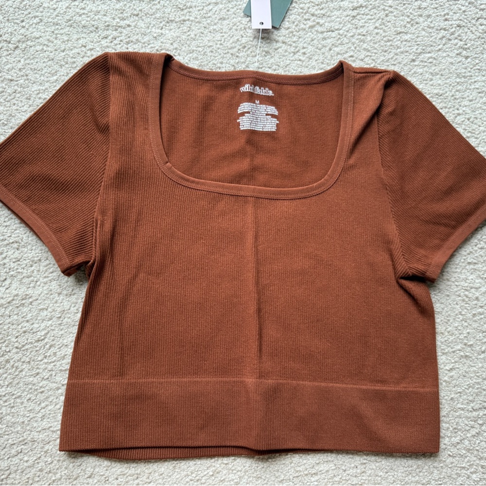 Wild Fable Women Shirt Short Sleeve Ribbed Neck Seamless Top Tee Cropped Brown M